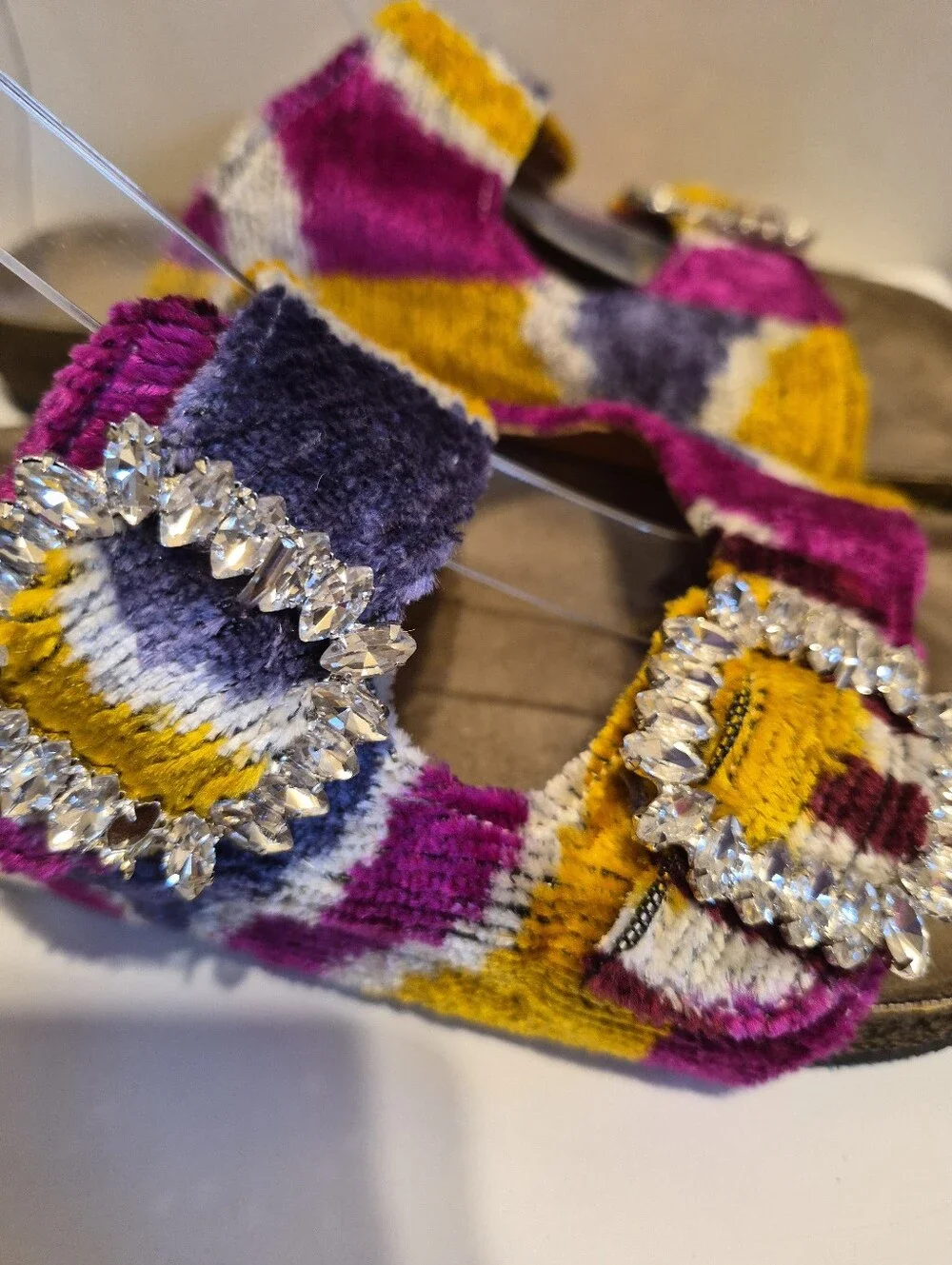 Baldiz Silk Velvet Ikat Double Rhinestone Buckle Slide SandalsSz.7/ EU 37 $245